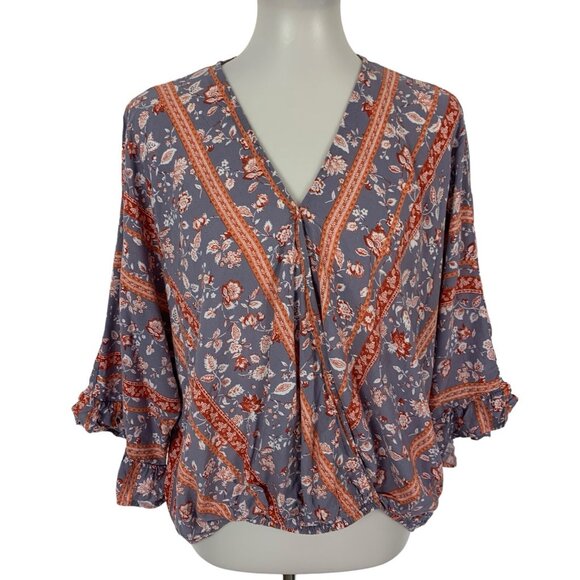 Andree By Unit Blouse Small Red Blue Boho Short Sleeve Casual Festival - Picture 2 of 6